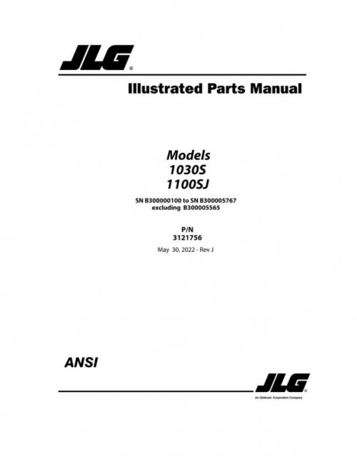JLG Boom Lifts 1030S 1100SJ Parts Manual 3121756 2021