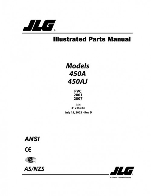 JLG Boom Lifts 450A 450AJ Parts Manual 31215023 2023 PVC 2001 2007