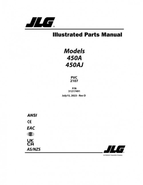 JLG Boom Lifts 450A 450AJ Parts Manual 31217491 2023 PVC 2107