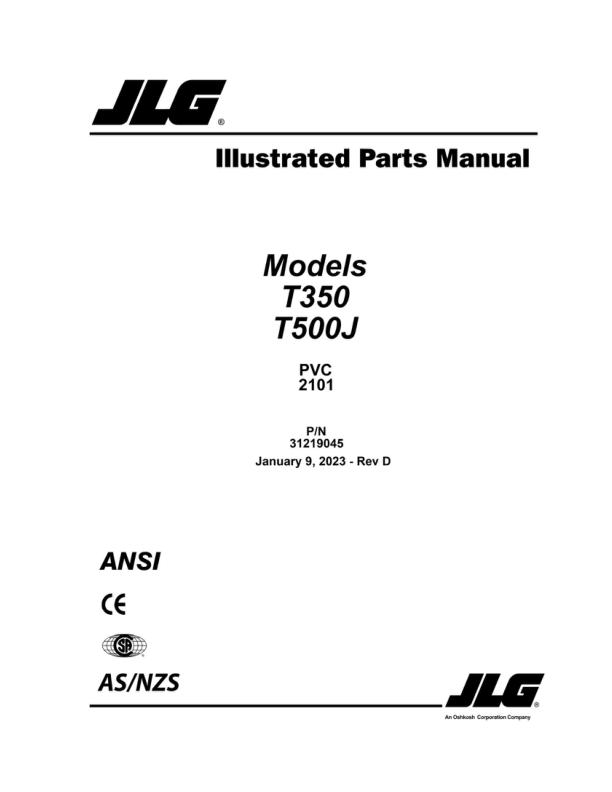 JLG Boom Lifts T350 T500J Parts Manual 31219045 2023 PVC 2101 Auto