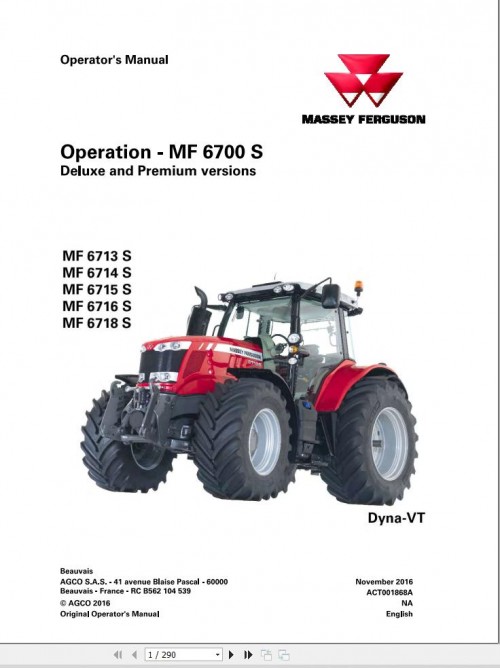 Massey Ferguson 6713S 6714S 6715S 6716S 6718S Dyna VT Operation Manual