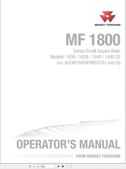 Massey Ferguson Baler 1836 1838 1840 1840CE Operator Manual 700741544D