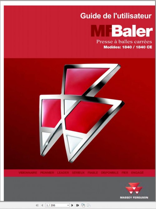 Massey Ferguson Baler 1840 1840CE Operator Manual 700741550A FR