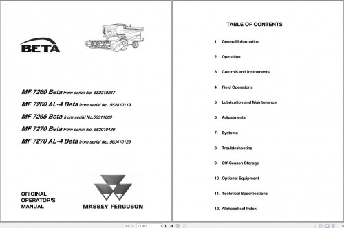 Massey Ferguson Combine 7260Beta to 7270AL 4 Beta Operator Manual LA327176019A