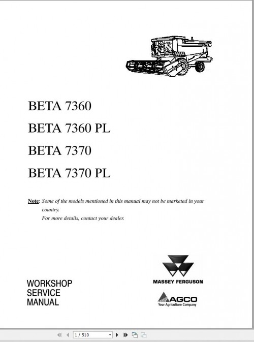 Massey Ferguson Combine 7360 to 7370PL BETA Workshop Service Manual LA327301010M