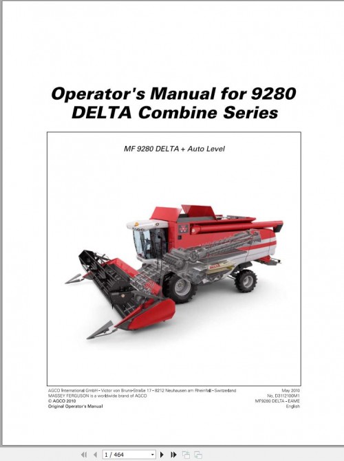Massey Ferguson Combine 9280 DELTA Series Operator Manual