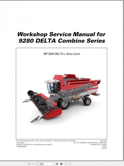 Massey Ferguson Combine 9280 DELTA Series Workshop Service Manual D3112800M2