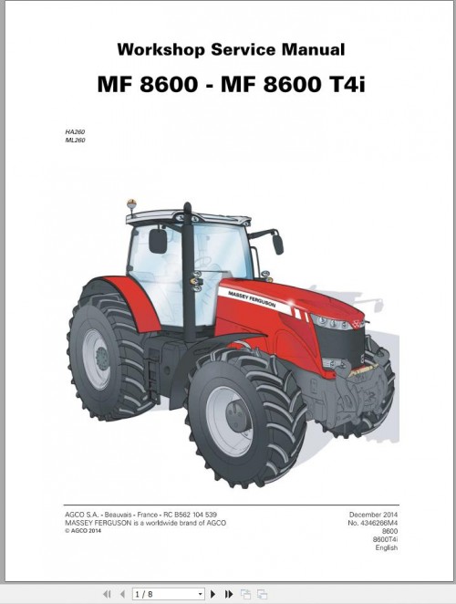 Massey Ferguson Tractor 8600 8600T4i Series Workshop Service Manual 4346908M3