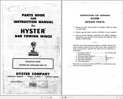 Hyster Towing Winch D4N Parts Book & Instruction Manual 740G (1)