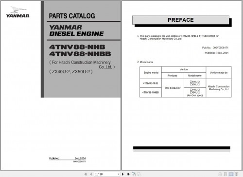 Yanmar Diesel Engine 4TNV88 NHB 4TNV88NHBB Parts Catalog 00Y00D8171 (1)