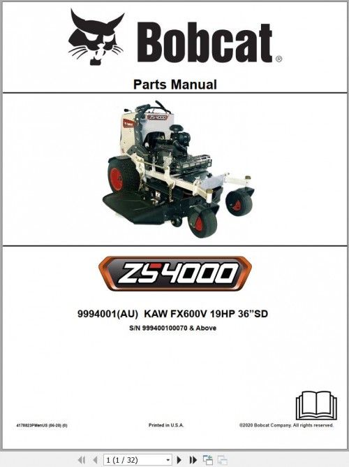 Bobcat Zero Turn Mower ZS4000 Parts Manual 4178823PMenUS (1)
