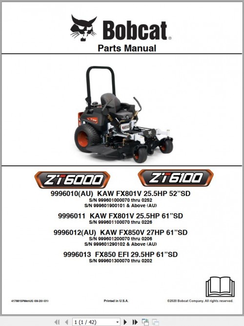 Bobcat Zero Turn Mower ZT6000 ZT6100 Parts Manual 4178815PMenUS (1)