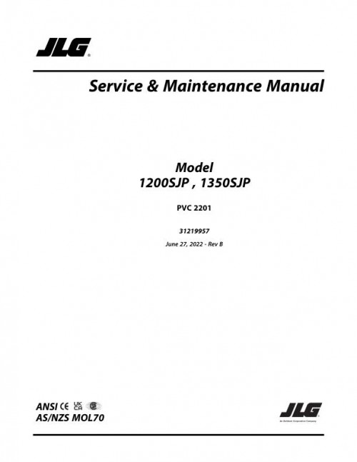 JLG Boom Lifts 1200SJP 1350SJP Service Maintenance Manual 31219957 2022 PVC 2201