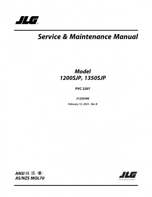 JLG Boom Lifts 1200SJP 1350SJP Service Maintenance Manual 31220396 2022 PVC 2207