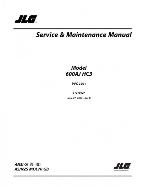 JLG Boom Lifts 600AJ HC3 Service Maintenance Manual 31219927 2022 PVC 2201