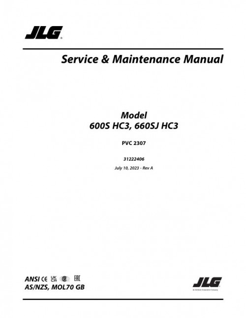 JLG Boom Lifts 600S HC3 660SJ HC3 Service Maintenance Manual 31222406 2023 PVC 2307