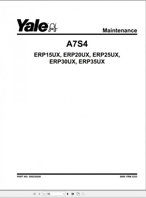 Yale Forklift A7S4 (ERP15UX, ERP18UX, ERP20UX, ERP25UX, ERP30UX, ERP35UX) Service Manual