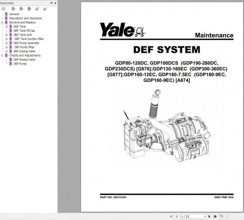 Yale Forklift G876 (GDP190DC to GDP280DC) Service Manual 02.2023