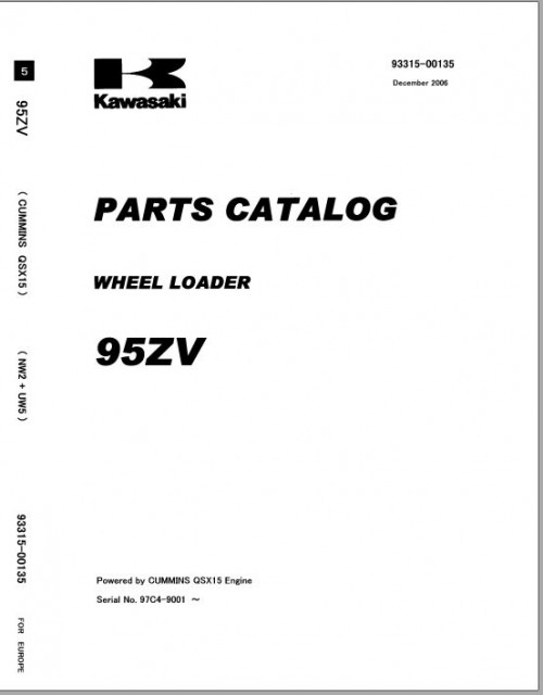 Kawasaki Wheel Loader 95ZV Operation Maintenance Shop Parts Manuals EN JP 1