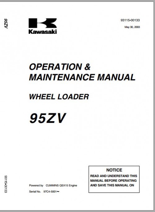 Kawasaki Wheel Loader 97ZV Operation Maintenance Manual