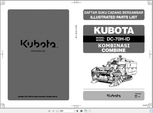 Kubota Harvester DC 70H ID Illustrated Parts List 97899 52280 (1)