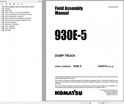 Komatsu Dump Truck 730 8=980E 5SE 313 MB PDF Field Assembly Instruction Updated 2024 3