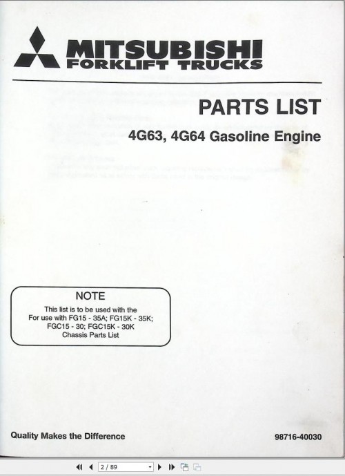 Mitsubishi Engine 4G63 4G64 Parts Catalog 98716 40030