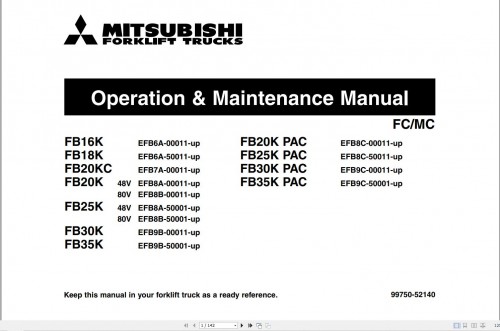 Mitsubishi Forklift FB16K to FB35K PAC Operation And Maintenance Manual