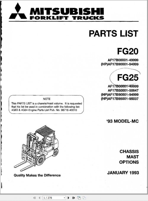 Mitsubishi Forklift FG20 FG25 Parts Manual 98716 40010