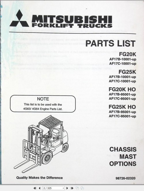 Mitsubishi Forklift FG20K to FG25K HO Parts Manual 98726 02320