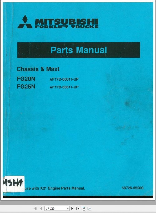 Mitsubishi Forklift FG20N FG25N Parts Manual 98726 05200