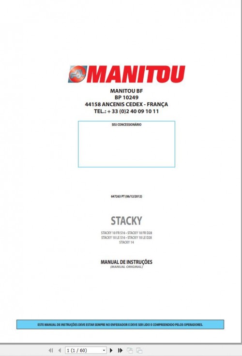 Manitou Forklift STACKY10FRS16 to STACKY14 Instruction's Manual 647263 PT