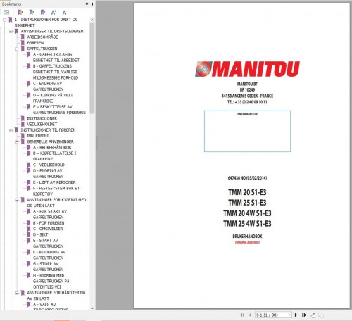 Manitou Forklift TMM20S1 E3 to TMM254WS1 E3 Operator Manual 647436 NO