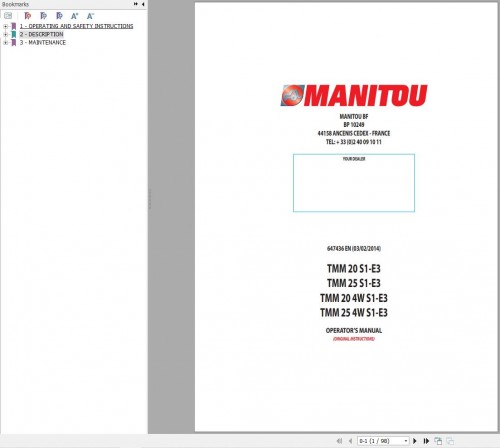 Manitou Forklift TMM20S1E3 to TMM254WS1E3 Operator's Manual 647436 EN