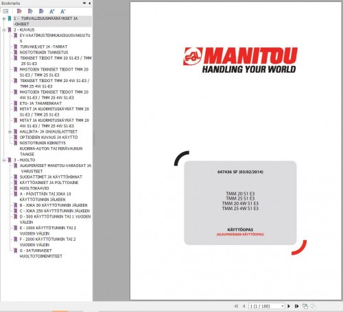 Manitou Forklift TMM20S1E3 to TMM254WS1E3 Operator's Manual 647436 FI