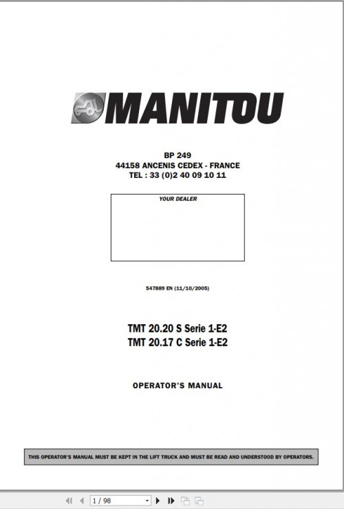 Manitou Forklift TMT20.20S TMT20.17C Series 1 E2 Operator Manual 547889 EN