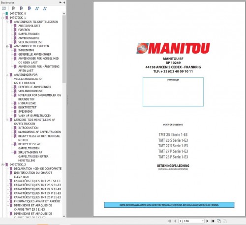 Manitou Forklift TMT25 I to TMT27 P Series 1 E3 Operator's Manual 647079 DK