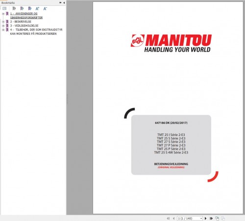 Manitou Forklift TMT25I to TMT25 S 4W Series 2 E3 Operator Manual 647186 DK