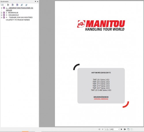 Manitou Forklift TMT25I to TMT25S 4W Series 2 E3 Operator Manual 647186 NO