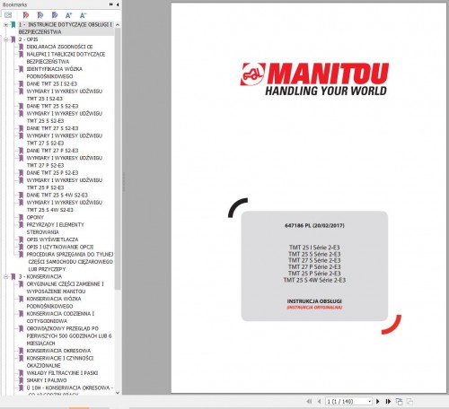 Manitou Forklift TMT25I to TMT25S 4W Series 2 E3 Operator Manual 647186 PL