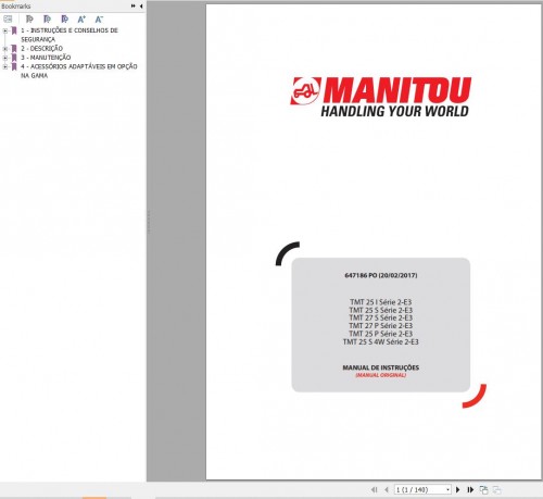 Manitou Forklift TMT25I to TMT25S 4W Series 2 E3 Operator Manual 647186 PT