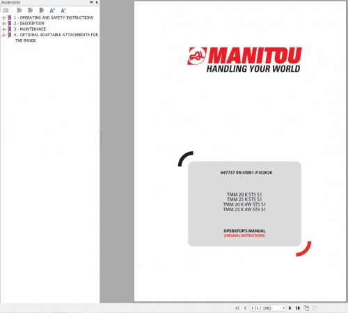 Manitou TMM20KST5S1 to TMM25K4WST5S1 Operator's Manual 647737EN USM1A102020 2