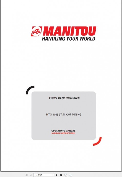 Manitou Telescopic Handlers MT X1033 ST S1 AWP Mining Operator's Manual 649190