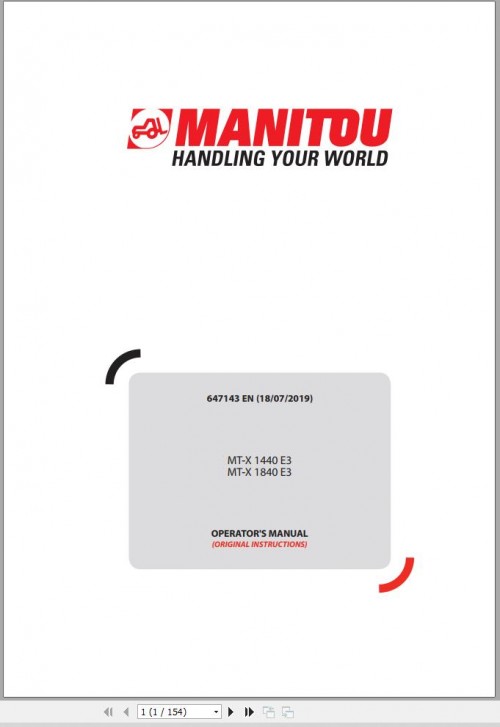 Manitou Telescopic Handlers MT X1440E3 MT X1840E3 Operator's Manual 647143