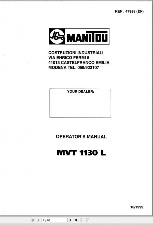 Manitou Telescopic Handlers MVT1130L Operator's Manual 47988