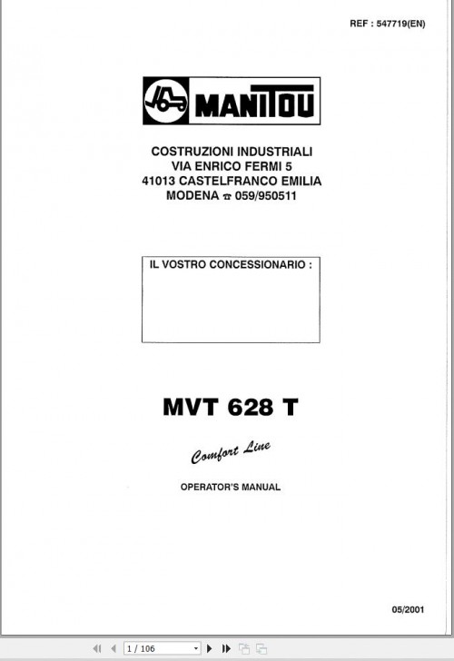 Manitou Telescopic Handlers MVT628T Comfort Line Operator Manual 547719