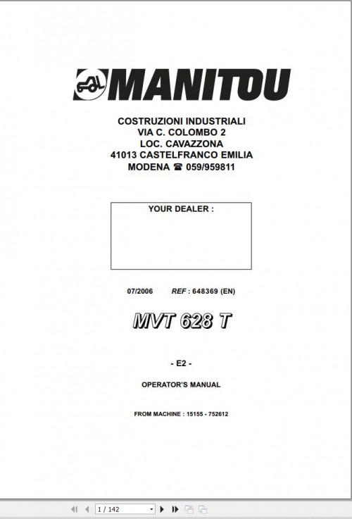 Manitou Telescopic Handlers MVT628T E2 Operator's Manual 648369 EN