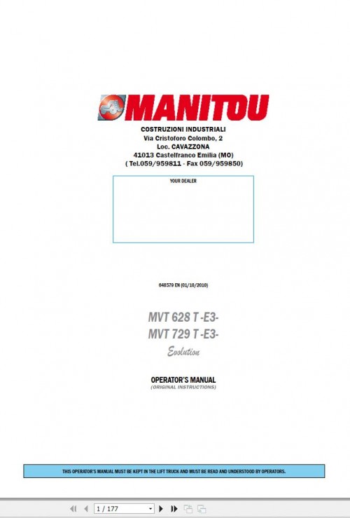 Manitou Telescopic Handlers MVT628T E3 MVT729T E3 Operator Manual 648579