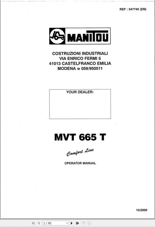 Manitou Telescopic Handlers MVT665 T Comfort Line Operator Manual 547745
