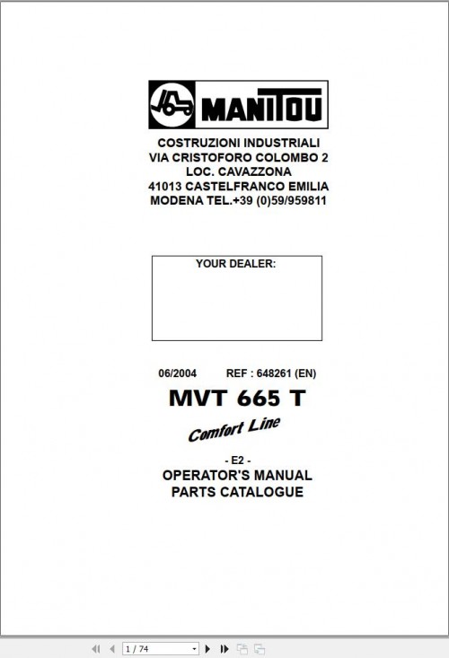 Manitou Telescopic Handlers MVT665T Comfort Line E2 Operator Manual 648261